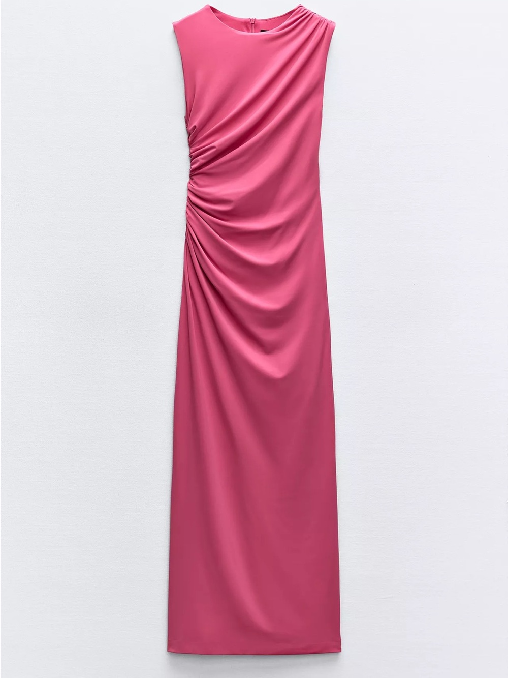 Zara Sleeveless Ruched Midi Dress in Fuchsia